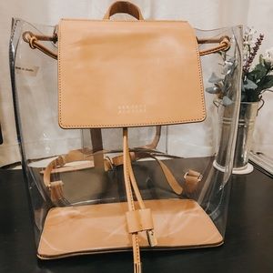 Clear backpack, beige leather, Barneys New York